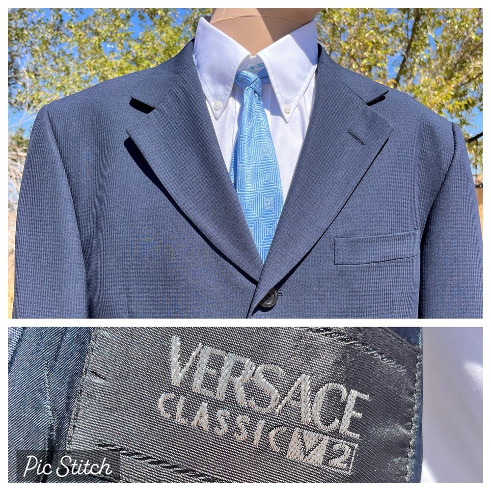 Versace Classic V2 Blazer Jacket Mens 44 Navy Blue Four Button Made in Spain